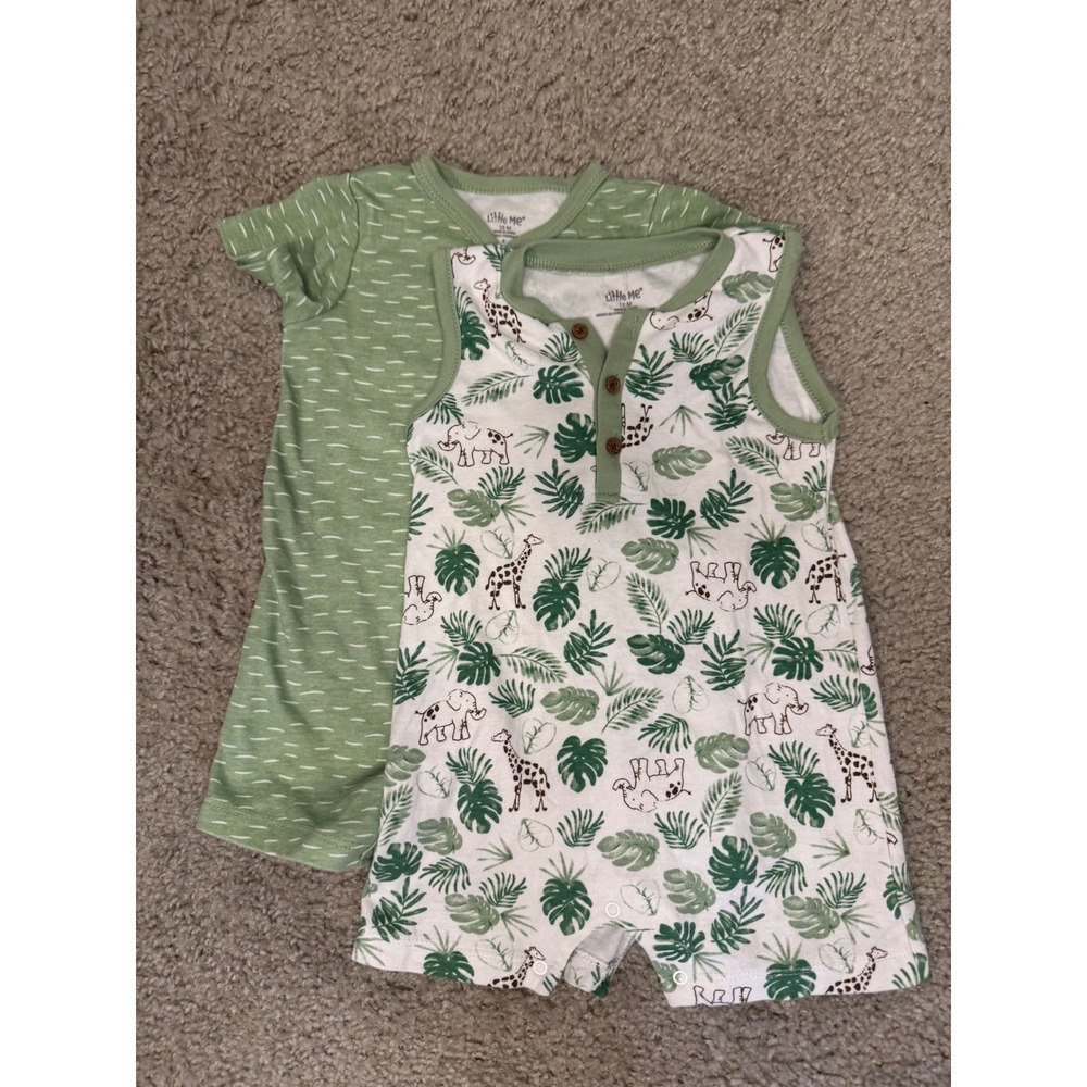 Little Me Baby Boy Romper Set 12M Green Safari Giraffe Elephant 2 Pack